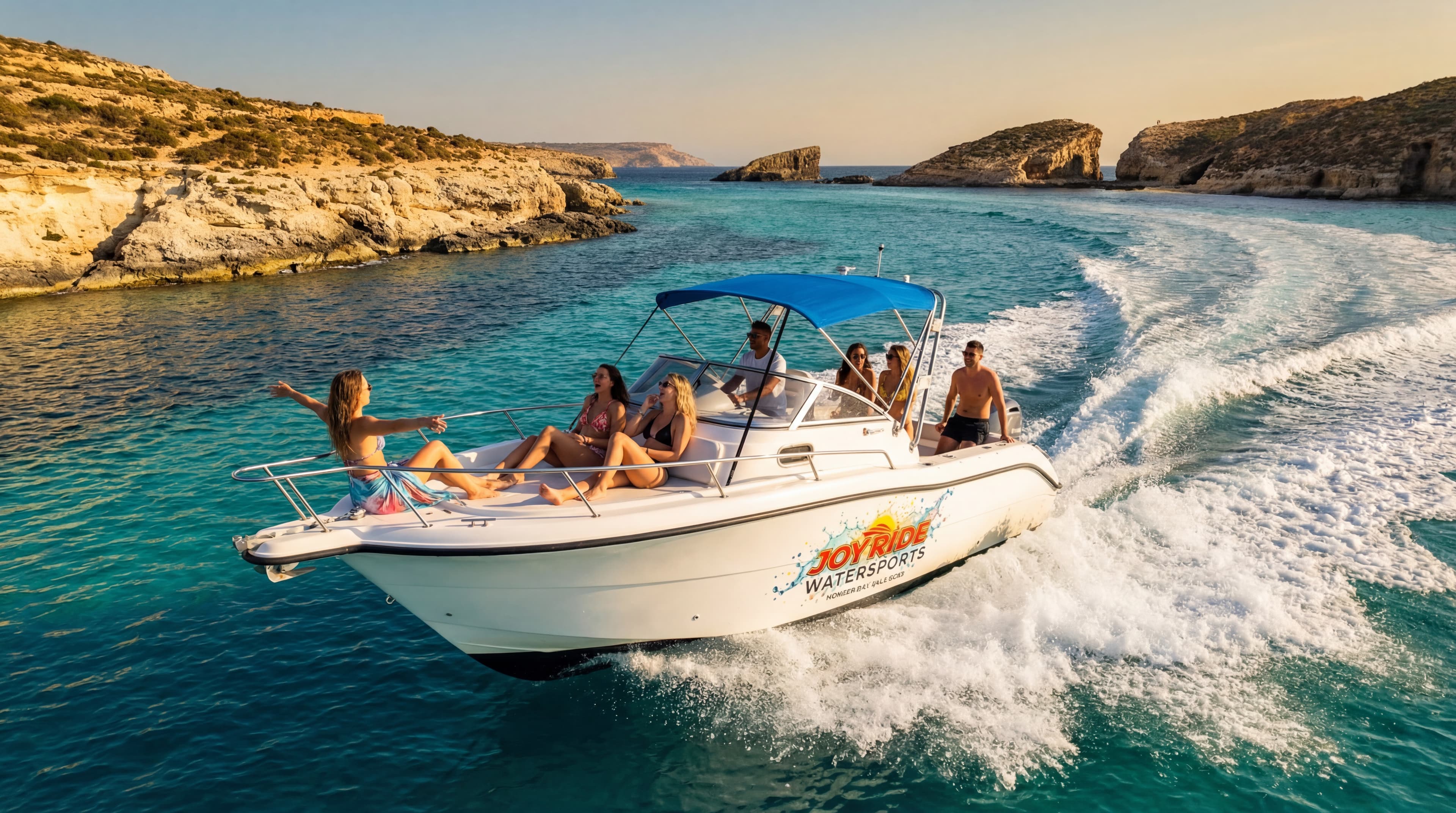 Joyride flagship arriving into the Blue Lagoon, Comino